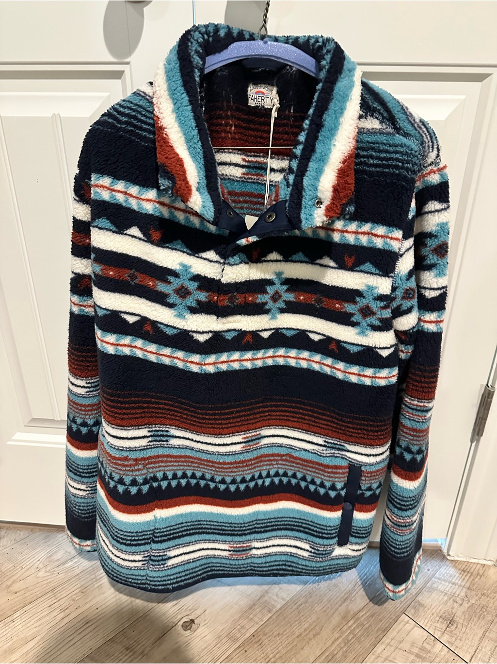Faherty Navy, Cream & Teal Patterned Zip-Up Sherpa Sweater